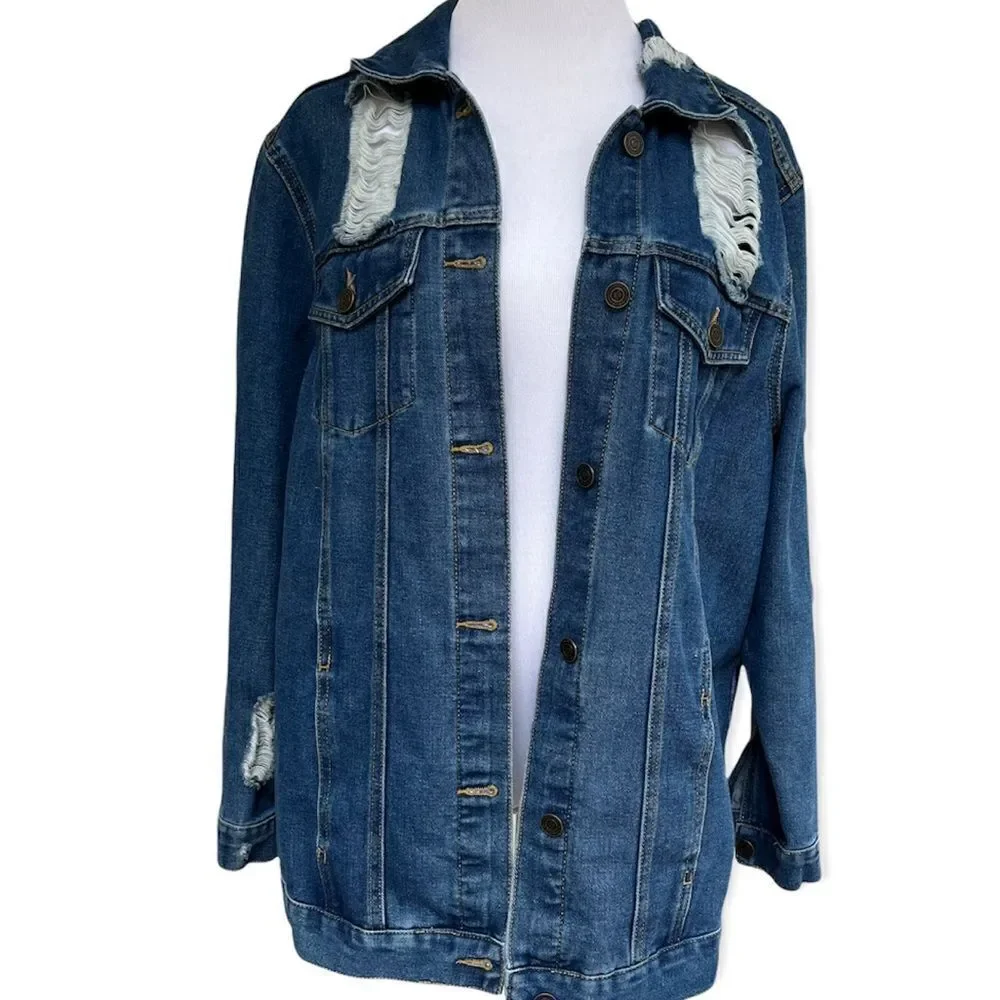 Boom Boom Jeans Medium Wash Destroyed Trucker Style Denim Jacket XL